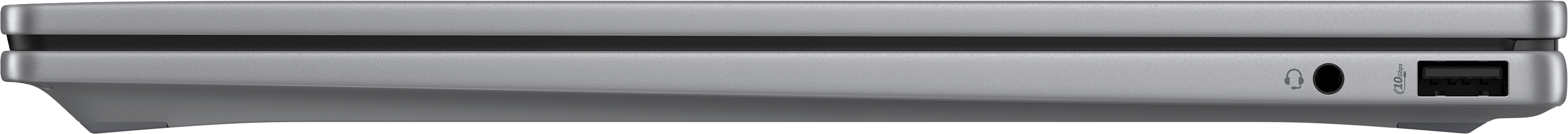 Un dispositivo argentato con jack per cuffie, porta USB e icona microfono. Design elegante e moderno.