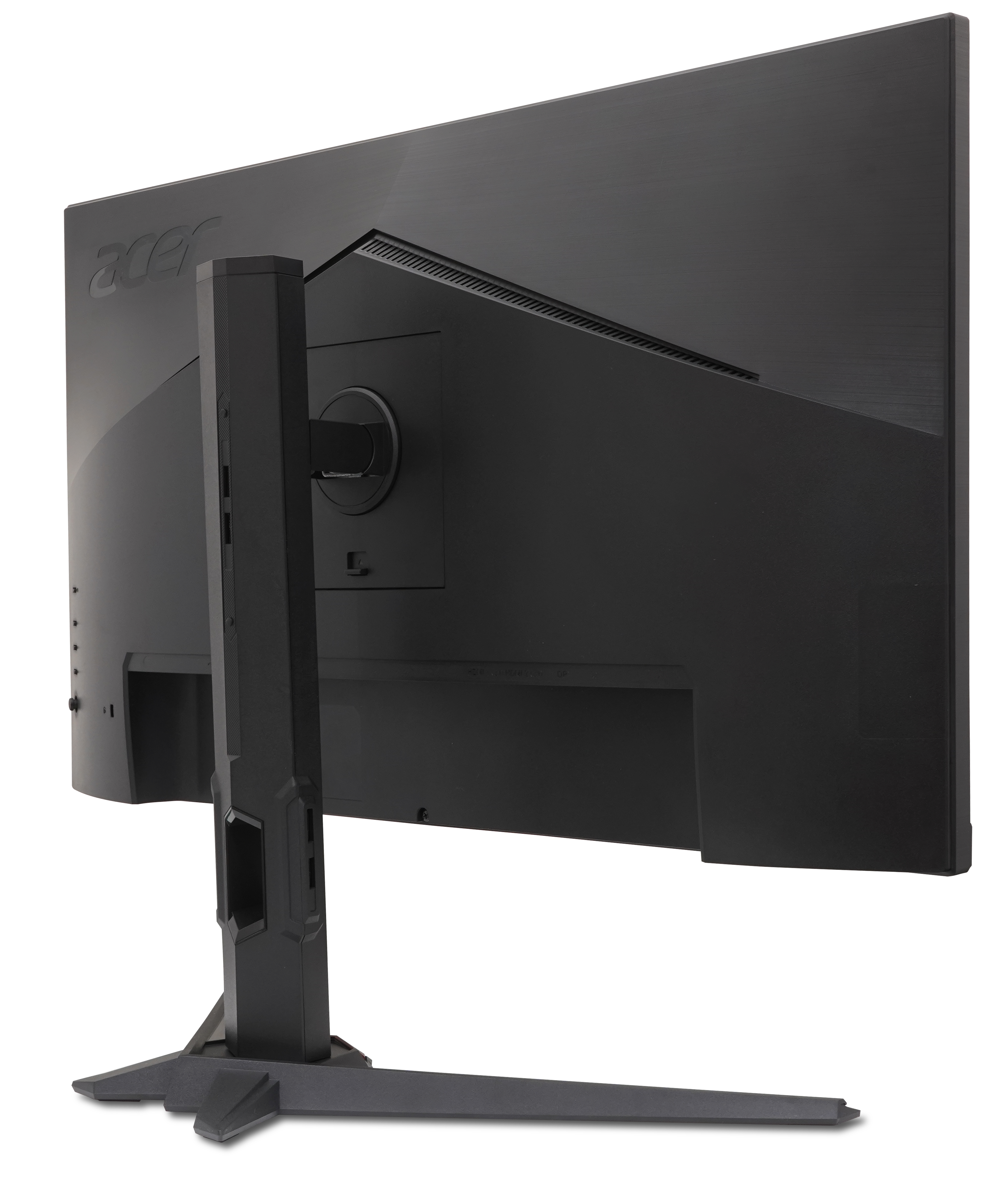 Pokazano tył czarnego monitora Acer. Czarny stojak podtrzymuje monitor.