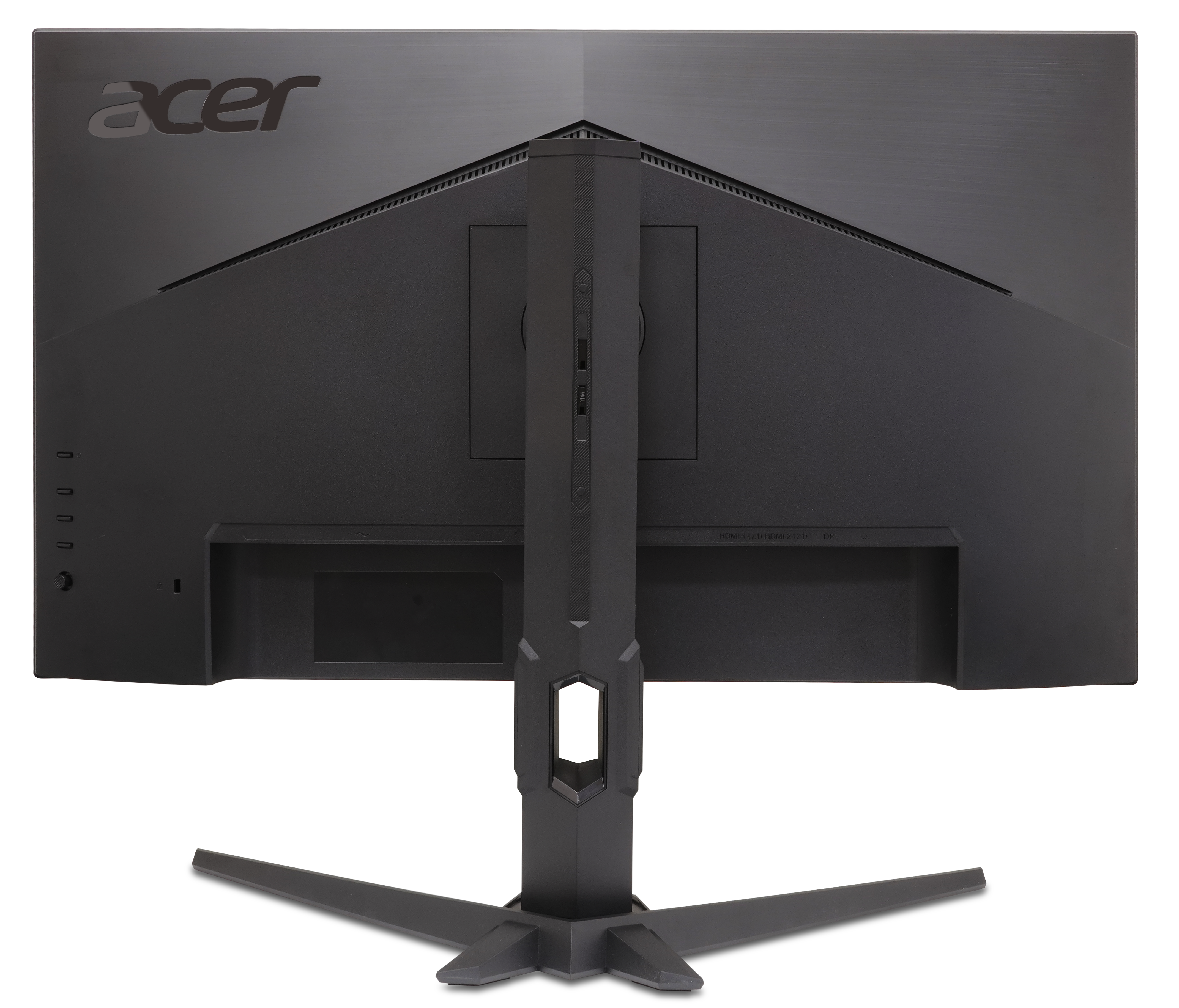 Pokazano tył czarnego monitora Acer. Widoczna jest noga podporowa i logo Acer. Monitor jest na białym tle.