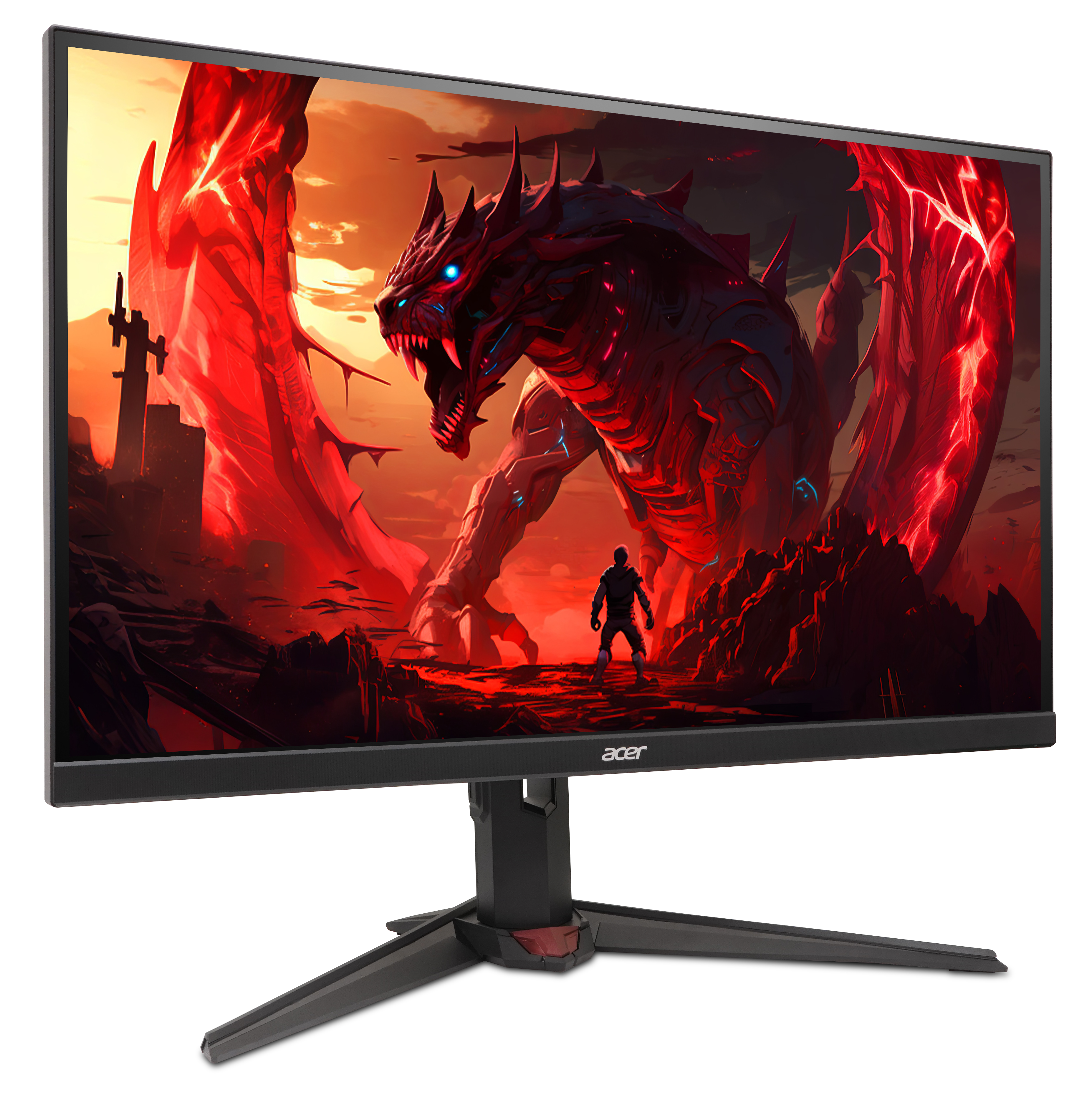 Monitor Acer wyświetla fantastyczną scenę: smok stoi naprzeciwko osoby. Czerwone odcienie dominują w tle.