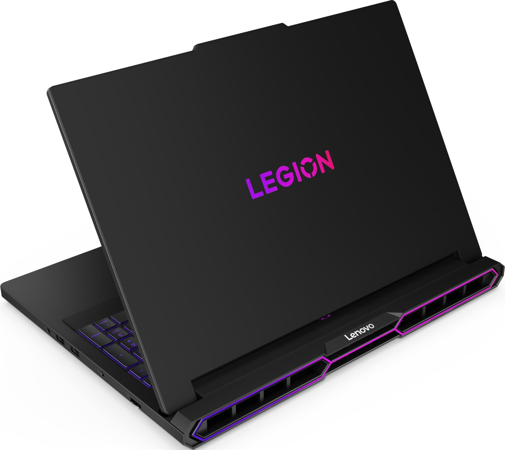 Schwarzer Lenovo Legion Laptop, geöffnet, um die beleuchtete Tastatur zu zeigen. Der Deckel hat das Legion-Logo in Lila und Pink.