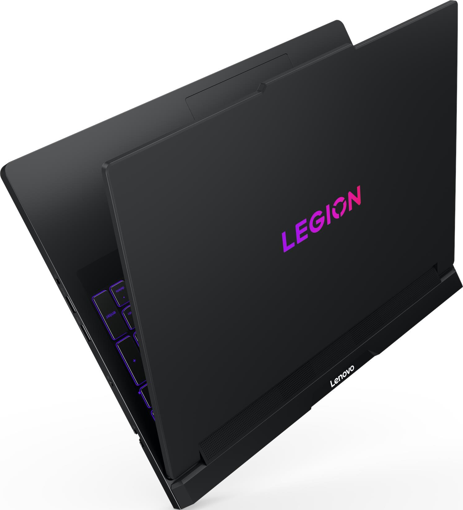 Ein schwarzes Lenovo Legion-Laptop ist geöffnet und zeigt die Tastatur und das Legion-Logo. Der Bildschirm ist teilweise geöffnet. Die Tastatur ist beleuchtet.