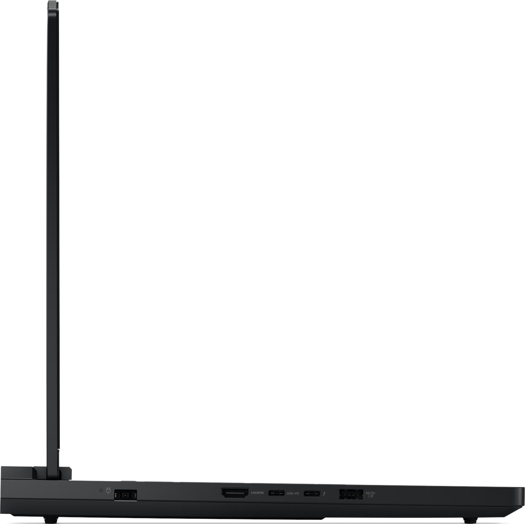 Seitenansicht eines schwarzen Laptops. Der Bildschirm ist geöffnet. Anschlüsse sind HDMI, USB-PD und Strom. Weißer Hintergrund.
