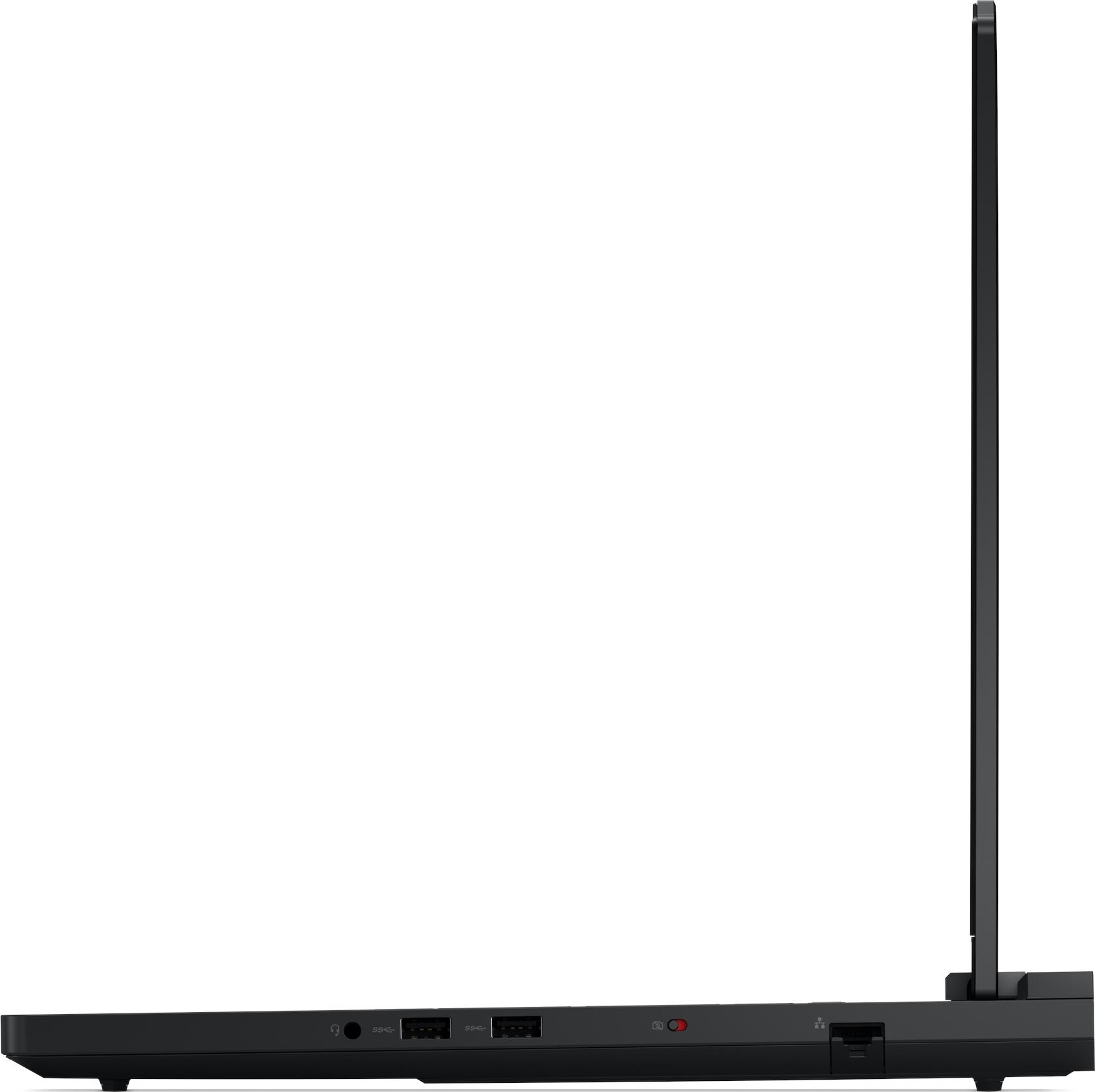 Seitenansicht eines schwarzen Laptops. Der Bildschirm ist geöffnet. Anschlüsse und Ein-/Aus-Taste sind sichtbar.
