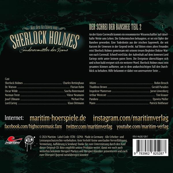 Poster für 'Sherlock Holmes: Der Schrei der Banshee'. Text und Besetzungsliste. Maritim-Logo und Barcode.