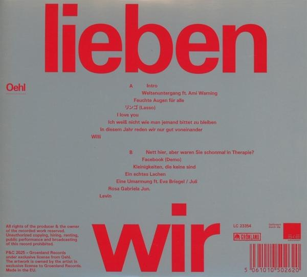 Albumcover mit rotem Text 'lieben' und 'wir'. Songtitel und Credits sind auf grauem Hintergrund gelistet.