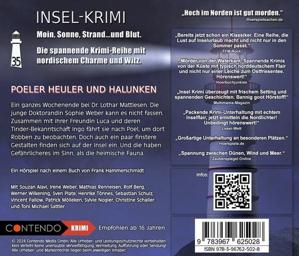 Buchcover: 'Insel-Krimi' mit Leuchtturm, Text und Rezensionen. Enthält Autoren, ISBN und einen QR-Code.