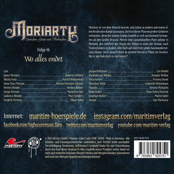 Cover für ein Moriarty-Hörspiel. Es hat den Titel, die Episodennummer und die Besetzungsliste. Der Hintergrund ist dunkelblau.