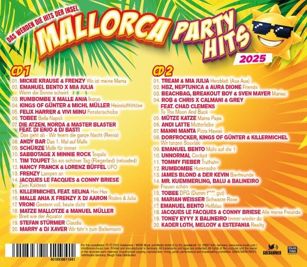 Mallorca Party Hits 2025 CD-Cover. Enthält eine Sonne mit Sonnenbrille, Text und eine Titelliste.