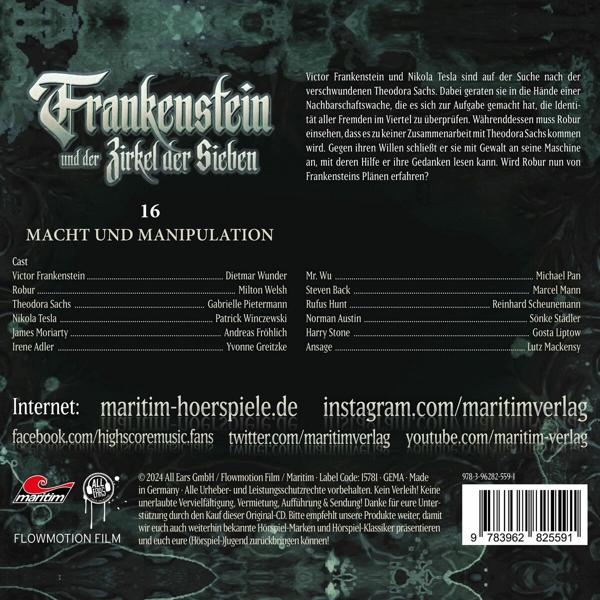 Cover für ein deutsches Hörspiel 'Frankenstein'. Es enthält Titeltext, Besetzungsliste und einen Barcode.