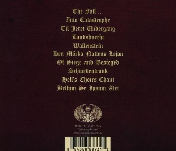 Albumcover mit Text: 'The Fall...', Bandlogo und Barcode. Burgunderroter Hintergrund mit goldfarbener Schrift.