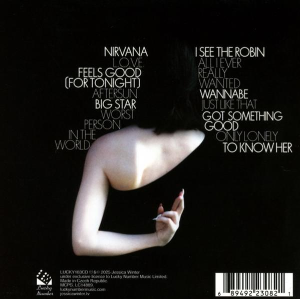 Albumcover: Rücken einer Frau, Text links, Songtitel rechts. Schwarzer Hintergrund.