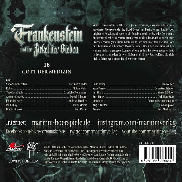 CD-Cover für 'Frankenstein'. Text auf dem Cover, Namen der Darsteller und ein Barcode.