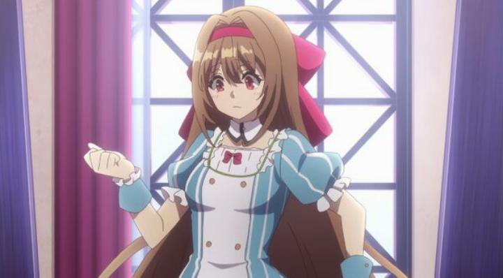 Anime-Mädchen in blauem Kleid mit roter Schleife, braunen Haaren und roten Augen, steht in einem Raum und schaut den Betrachter an.
