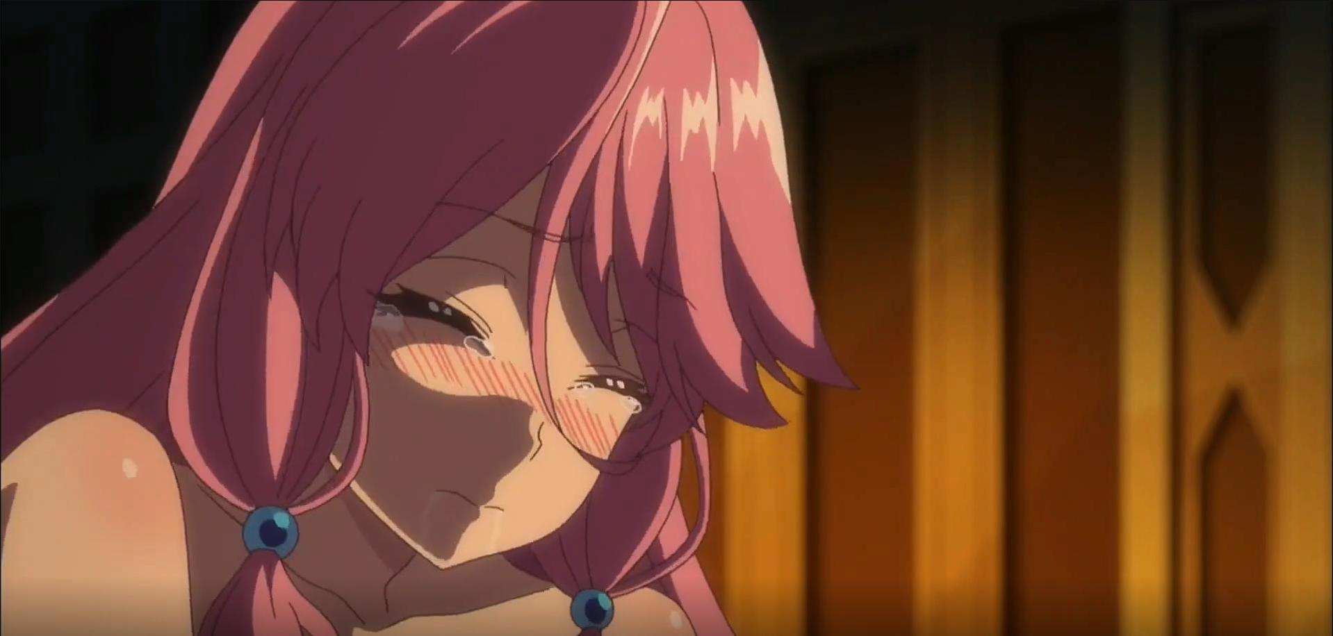 Anime-Mädchen mit rosa Haaren, Tränen und Erröten. Sie schaut nach unten, der Hintergrund ist golden.
