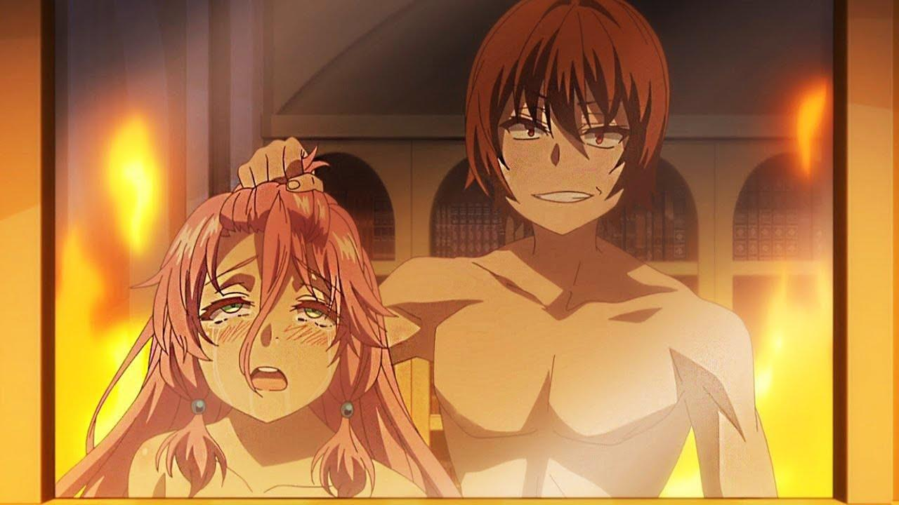 Anime-Szene: Ein Mann lächelt und berührt das Haar einer Frau. Flammen und eine Bibliothek sind im Hintergrund. Die Frau sieht verängstigt aus und weint.