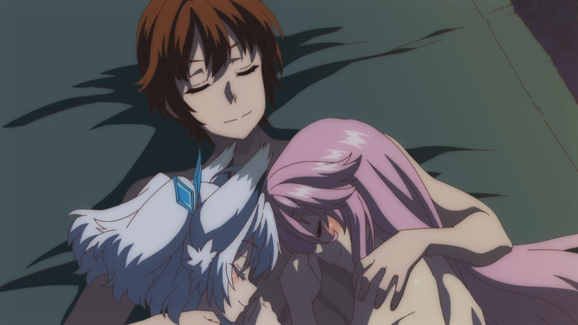 Eine Anime-Szene zeigt drei Charaktere, die sich umarmen. Einer hat braune Haare, ein anderer weiße und der letzte rosa Haare. Sie sind in engem Kontakt.