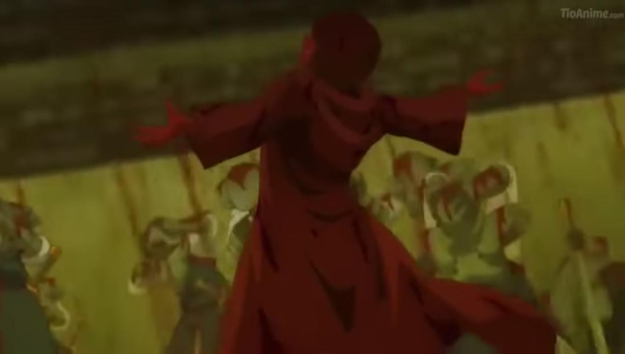 Eine Person in roter Robe steht mit ausgestreckten Armen da. Andere Figuren sind im Hintergrund. Die Szene hat einen gelblichen Farbton.