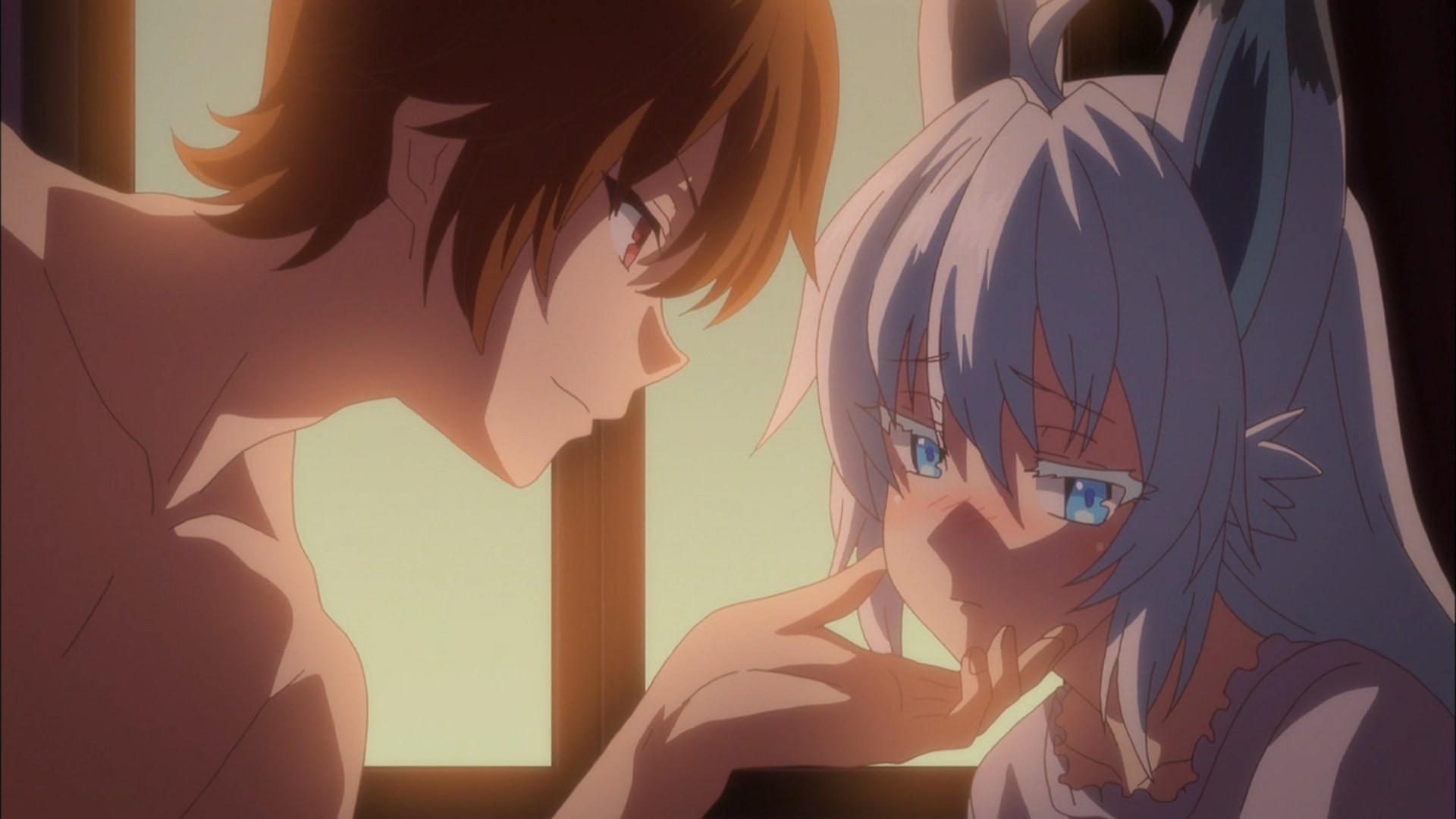 Eine Anime-Szene zeigt zwei Charaktere. Einer berührt sanft das Gesicht des anderen. Der zweite Charakter hat weiße Haare und blaue Augen.