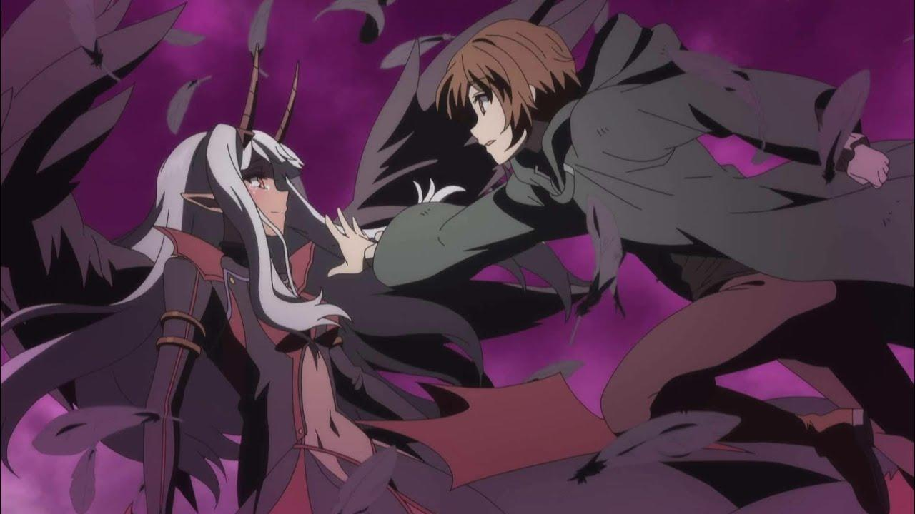 Animeszene mit zwei Charakteren. Eine Frau mit Hörnern und Flügeln steht einem Mann gegenüber. Dunkler Hintergrund mit fallenden Federn.