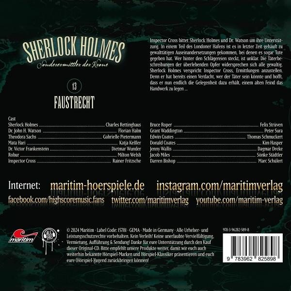 CD-Cover der Sherlock Holmes-Geschichte. Titel und Besetzungsdetails sind aufgeführt. Ein Barcode ist sichtbar.