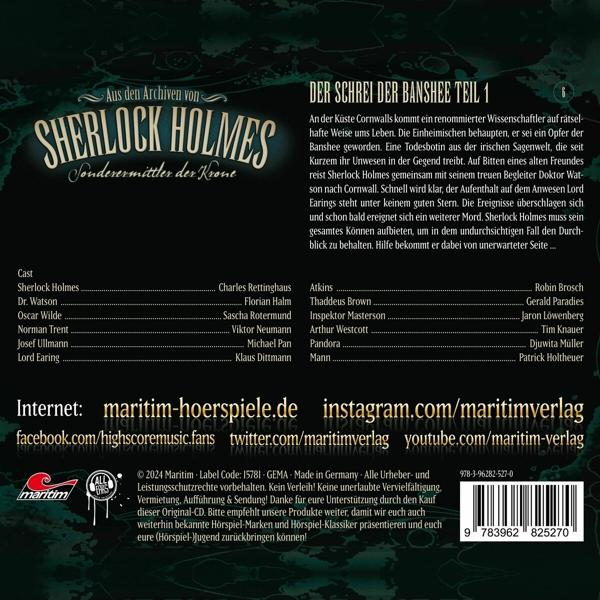 Buchcover mit Sherlock Holmes Titel, Besetzungsliste und Inhaltsangabe. Enthält einen Barcode.