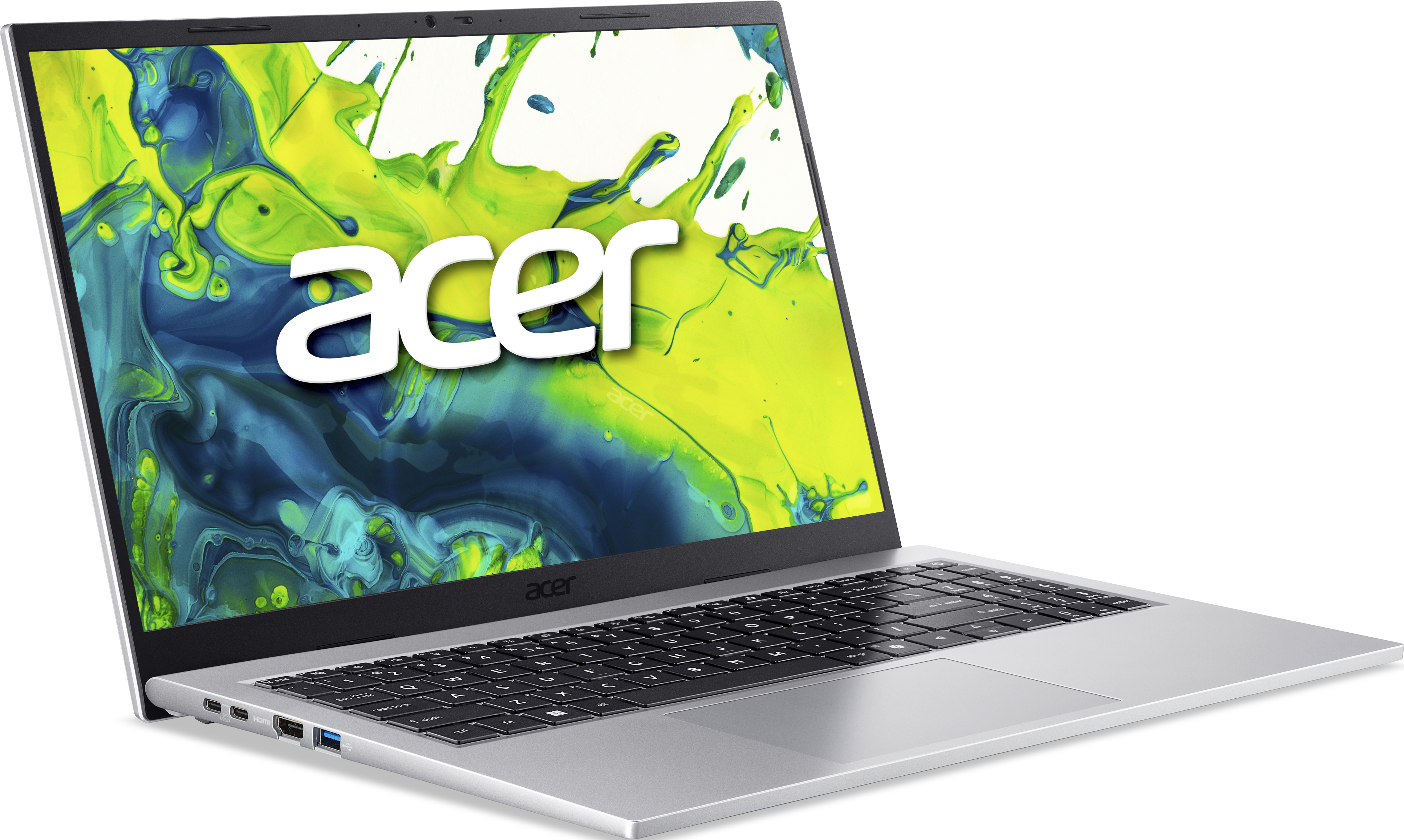 Ein silberner Acer-Laptop ist geöffnet. Der Bildschirm zeigt ein farbenfrohes Spritzdesign. Die Tastatur ist sichtbar. Der Hintergrund ist weiß.