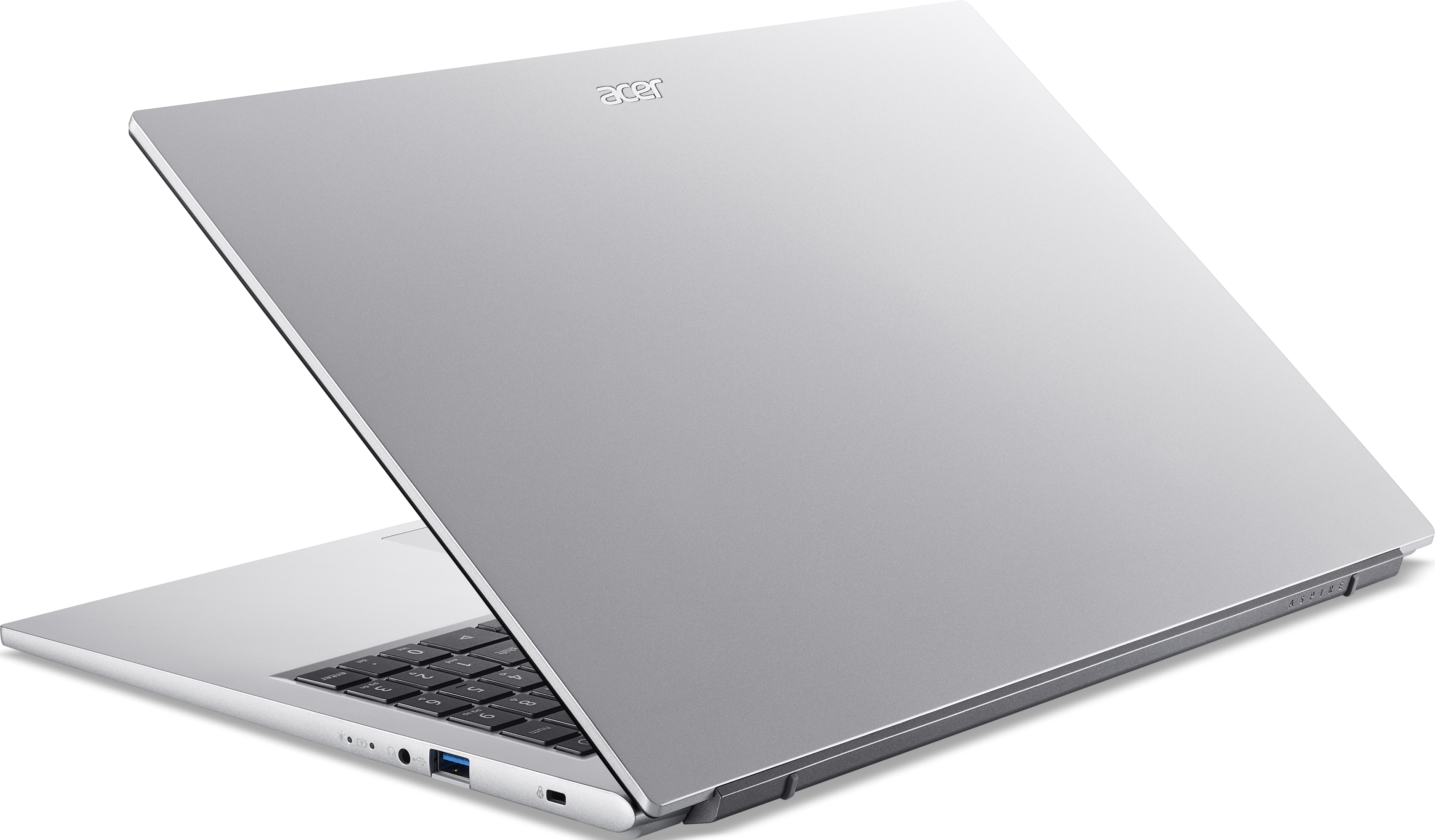 Ein silberner Acer-Laptop ist leicht geöffnet. Die Tastatur ist sichtbar. Das Acer-Logo befindet sich auf dem Deckel.