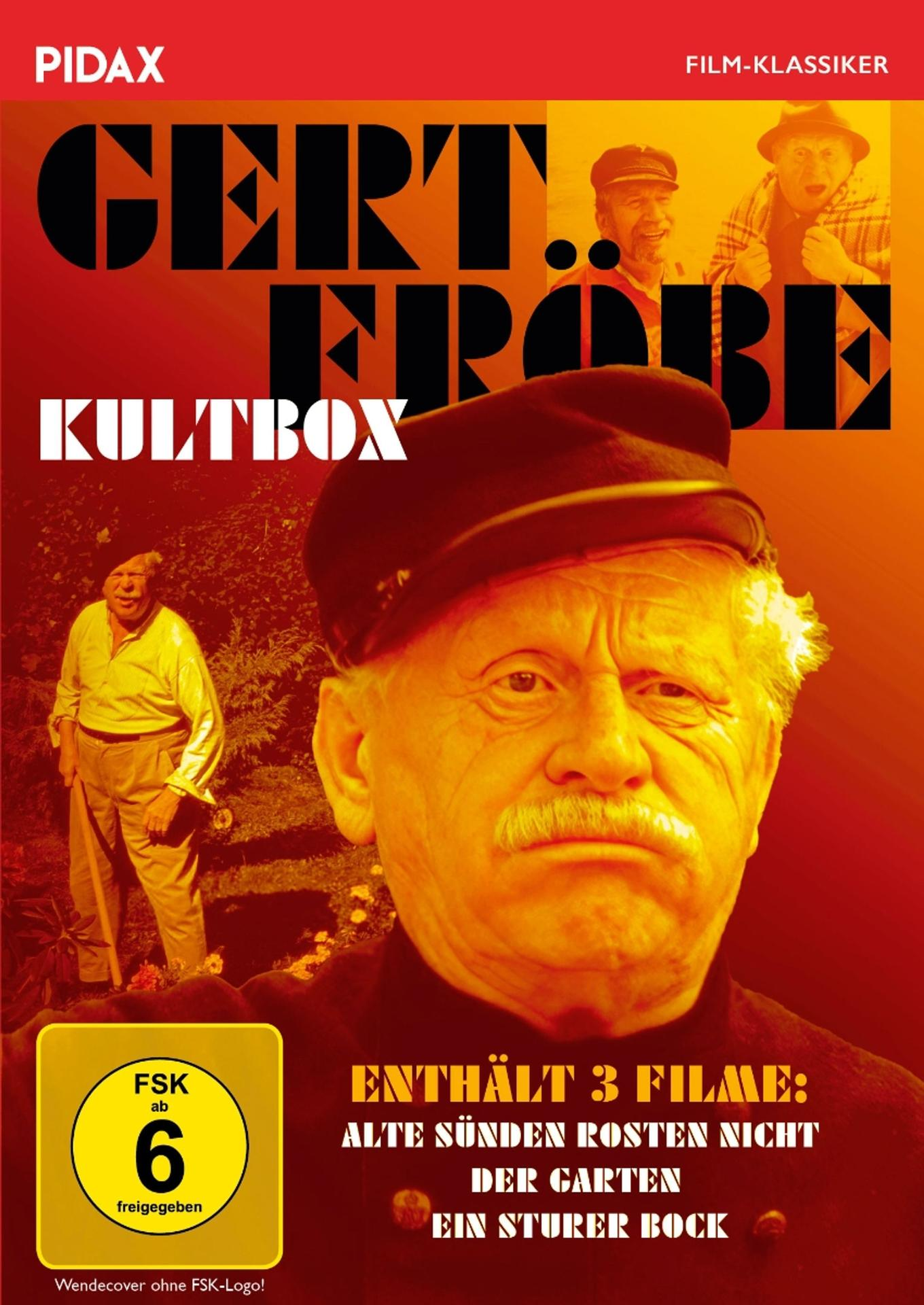 DVD-Cover mit Gert Fröbe mit Schnurrbart und Mütze. Der Titel ist 'Gert Fröbe Kultbox' mit FSK 6-Rating.