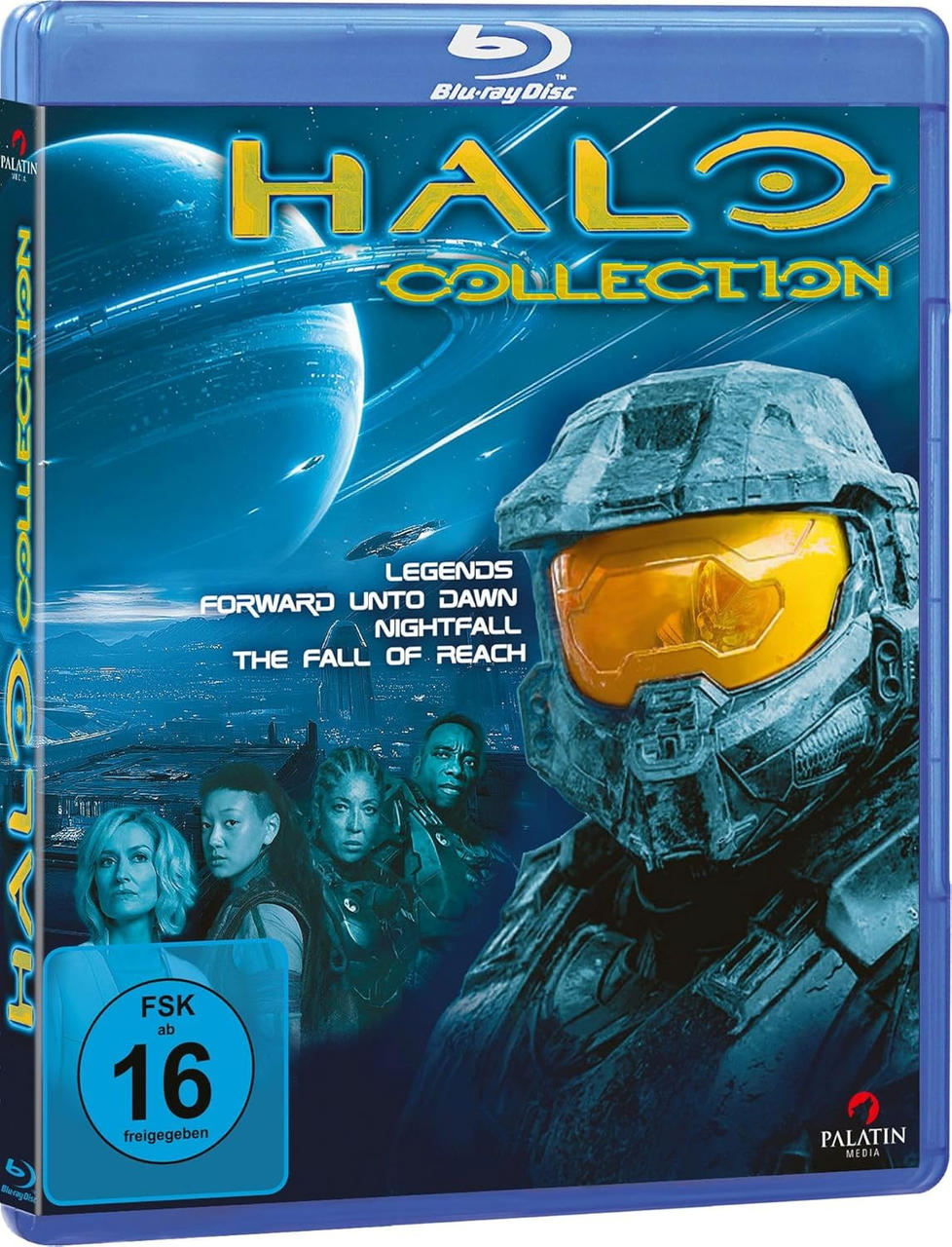 Halo Collection Blu-ray-Cover. Es zeigt eine Weltraumszene mit einem Helmcharakter und einer Personengruppe.