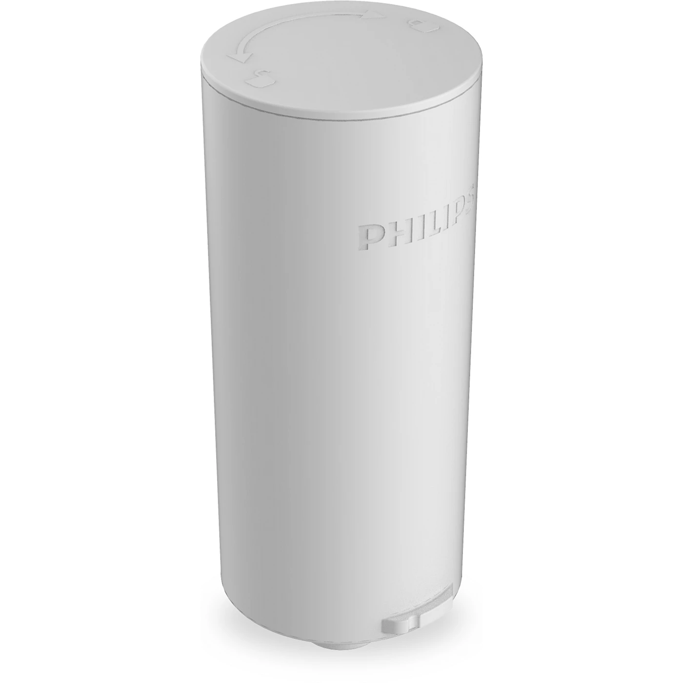 Egy fehér hengeres tárgy Philips logóval, nyíllal ellátott tetővel és egy kis téglalap alakú kiemelkedéssel az alján.