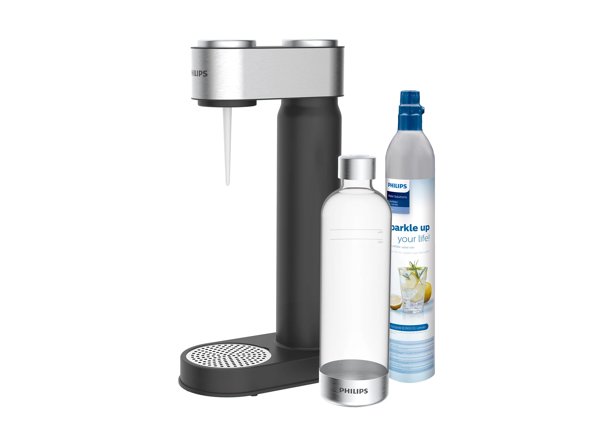 Egy Philips szódakészítő fekete alappal és ezüst tetejével, palackokkal és CO2-palackkal fehér háttéren.