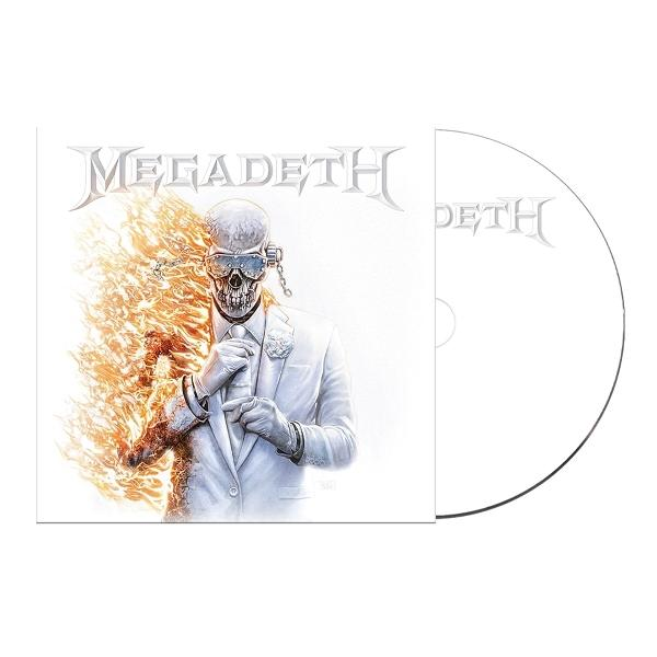 Pochette d'album. Crâne en costume, flammes à gauche, CD à droite. Logo Megadeth en haut.