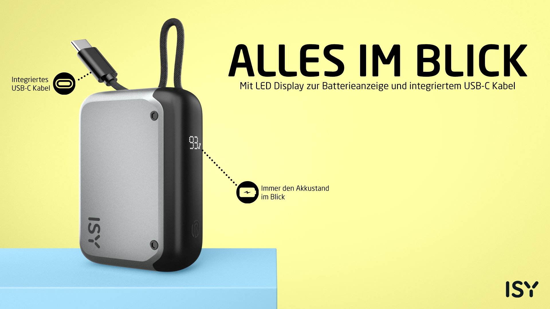Eine schwarze und silberne ISY Powerbank mit USB-C-Kabel und Digitalanzeige mit 93 %. Der Hintergrund ist gelb.