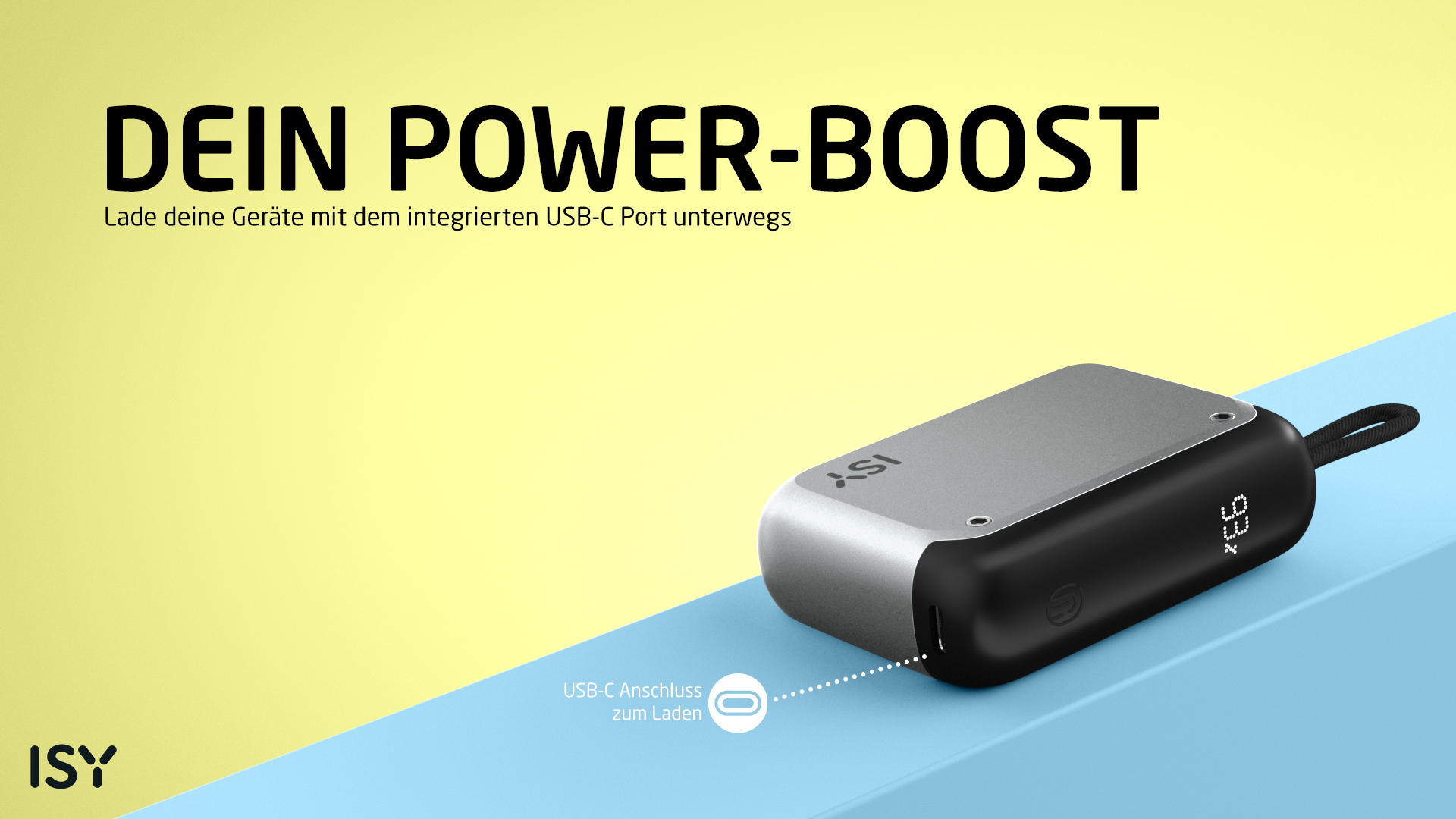 Eine schwarze und silberne Powerbank mit einer Anzeige, die 93% anzeigt. Der Text lautet 'DEIN POWER-BOOST' und 'USB-C Anschluss zum Laden'.