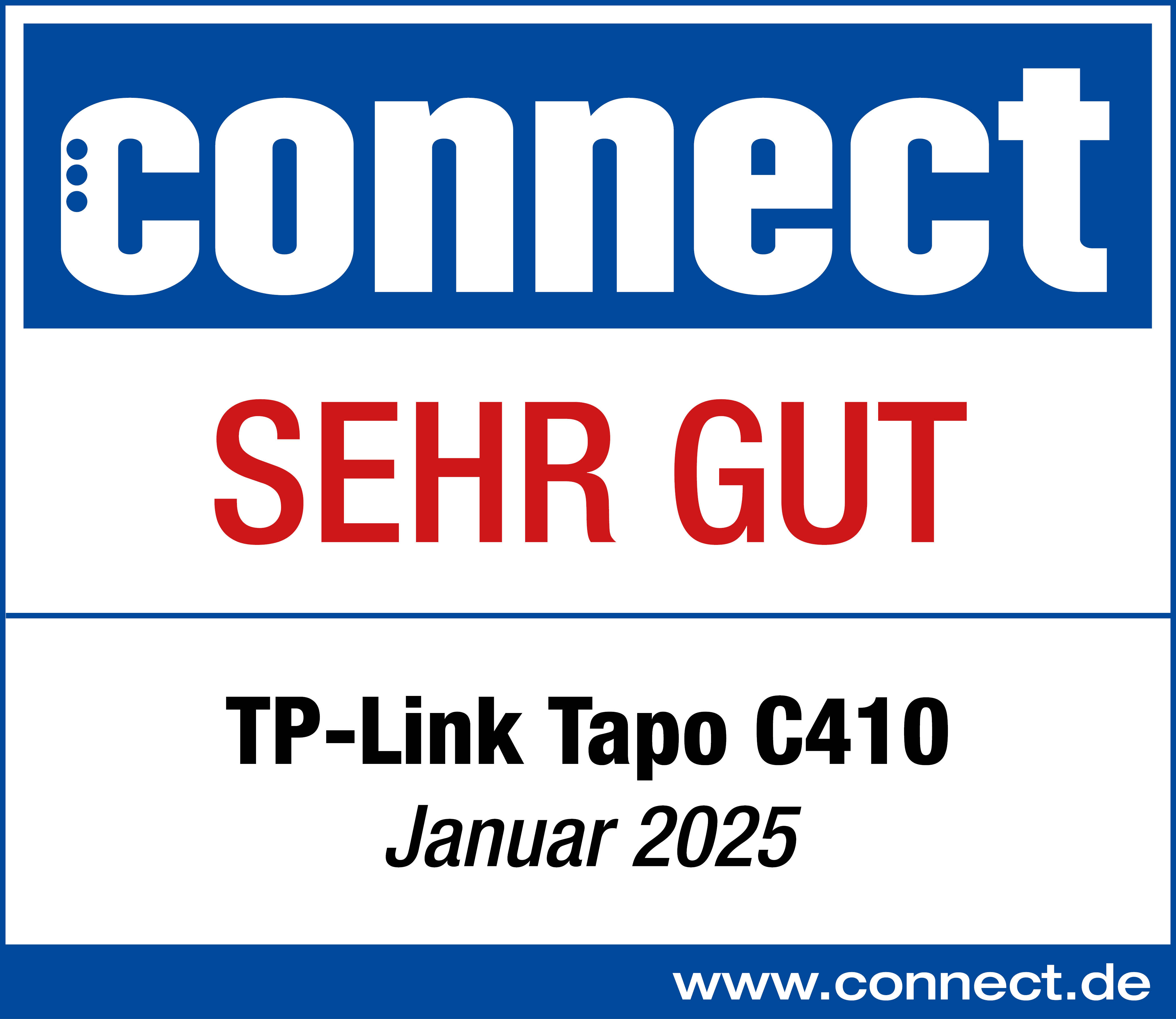 Das Bild ist eine Werbung für TP-Link Tapo C410. Es hat einen blauen Hintergrund mit Text: 'connect', 'SEHR GUT' und 'Januar 2025'.