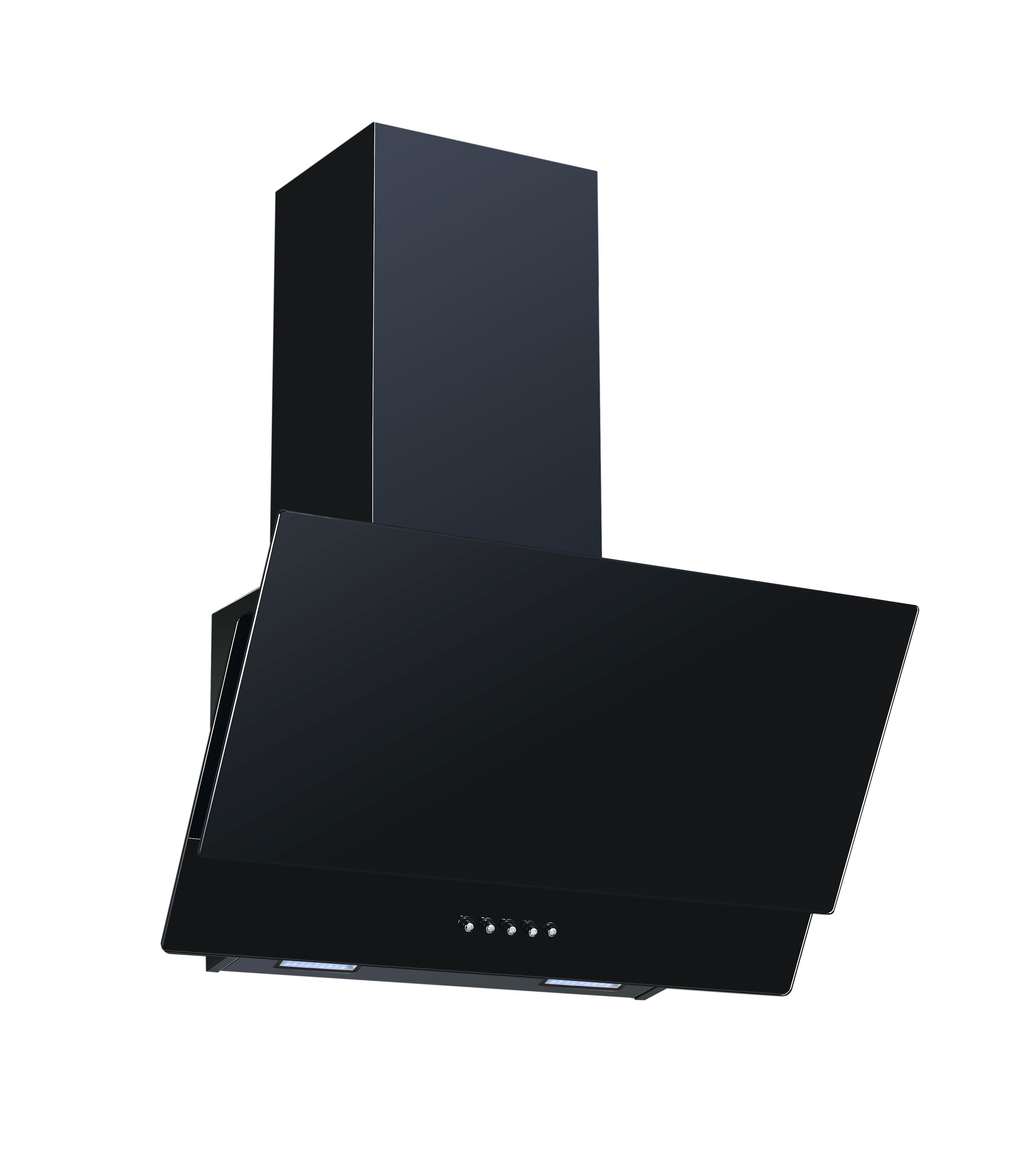 Czarny okap kuchenny, z prostokątnym korpusem i skośnym przodem, przyciskami sterującymi i białym tłem.