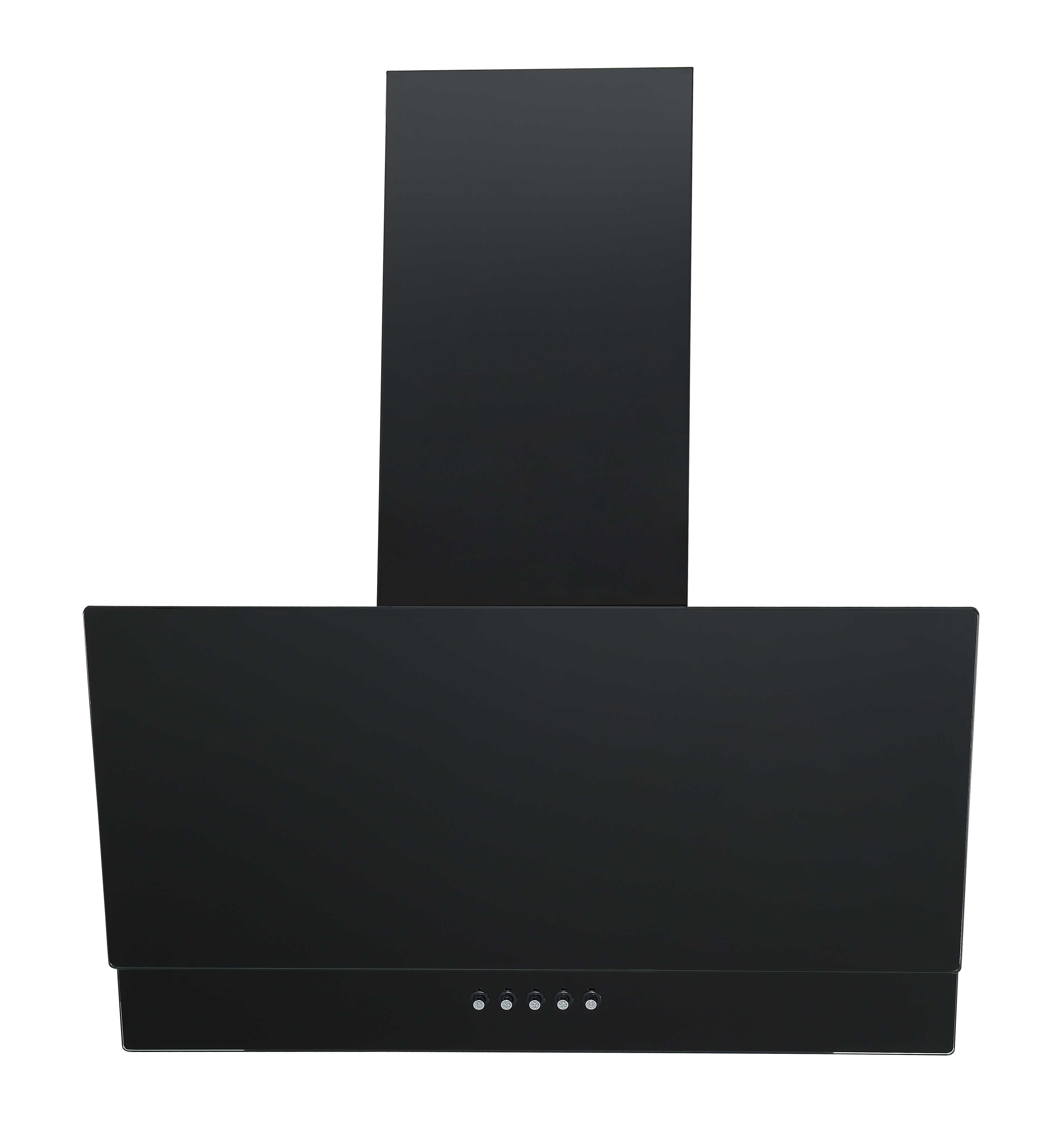 Pokazano czarny okap kuchenny. Ma prostokątny kształt z pionowym kominem i przyciskami sterowania.