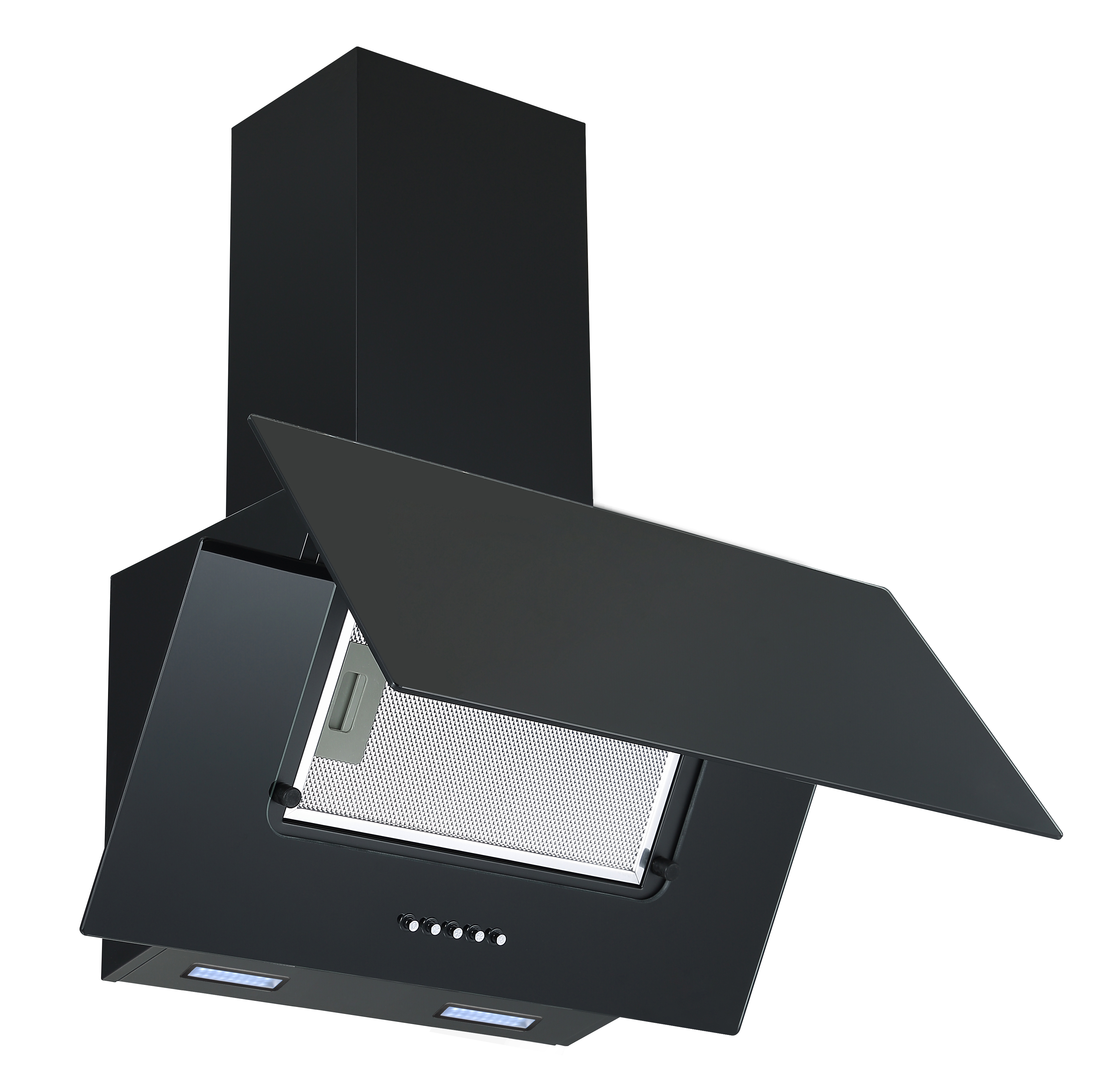 Czarny okap na białym tle. Z filtrem, przyciskami sterowania i otwartą boczną osłoną.