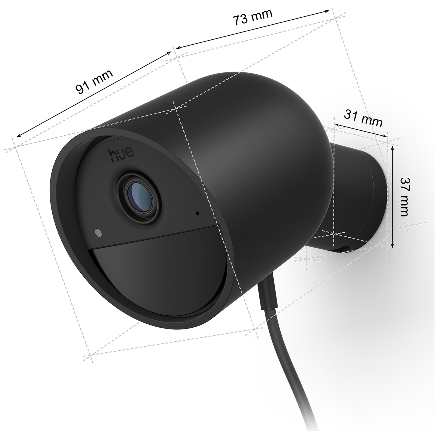 A black Hue security camera with dimensions labeled. It has a lens, the word 'hue', and a power cord.