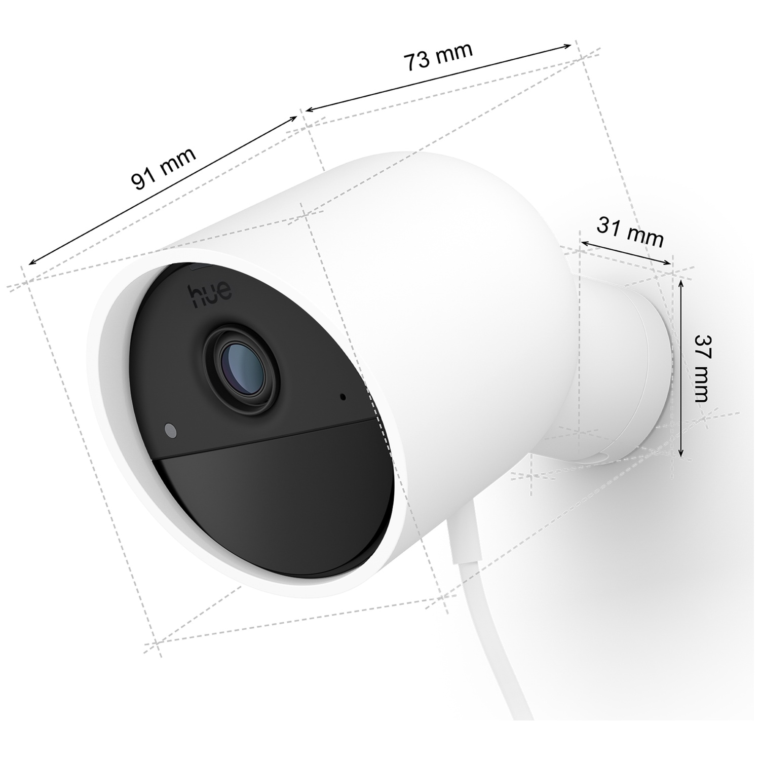 A white security camera, with dimensions indicated. The camera has a black face with the 'hue' logo. A cable extends from the base.