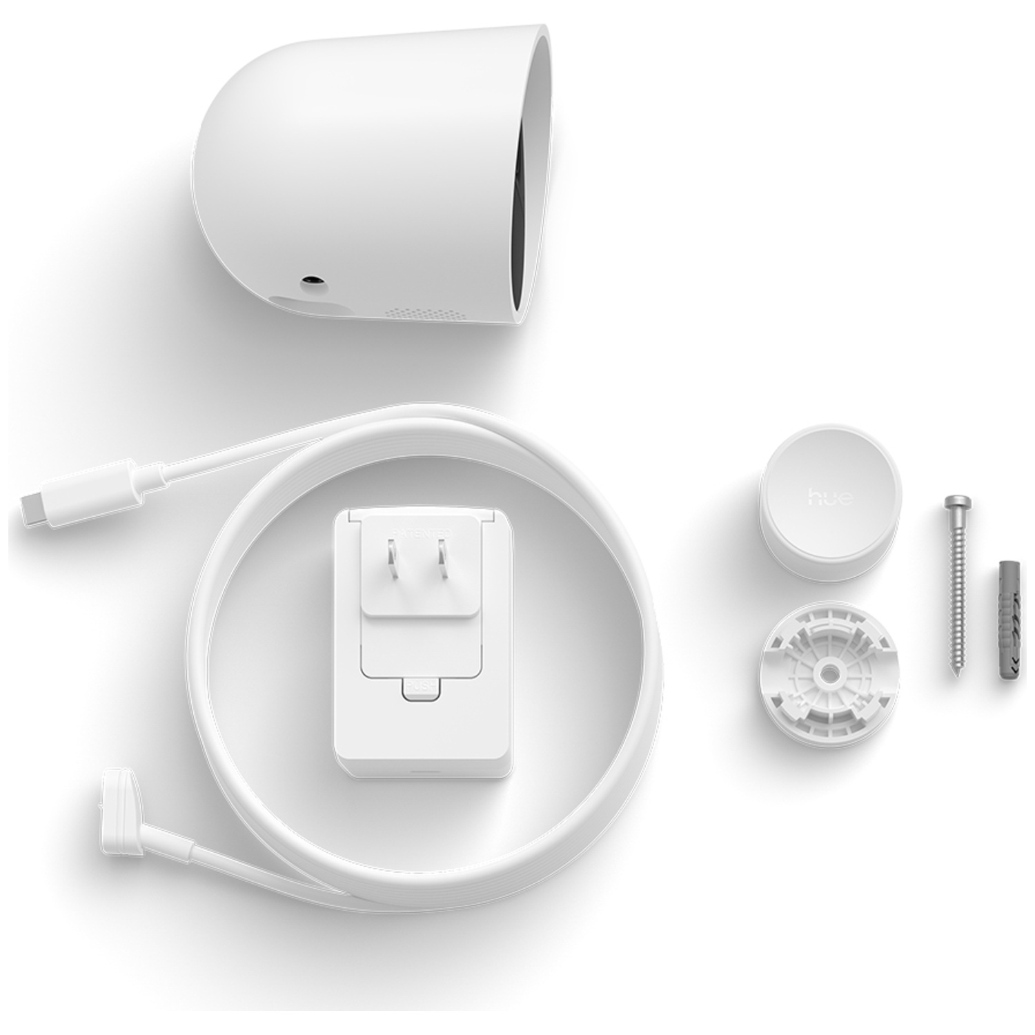 White security camera and accessories: power adapter, cable, mounting hardware, and a small round hub, all on a white background.