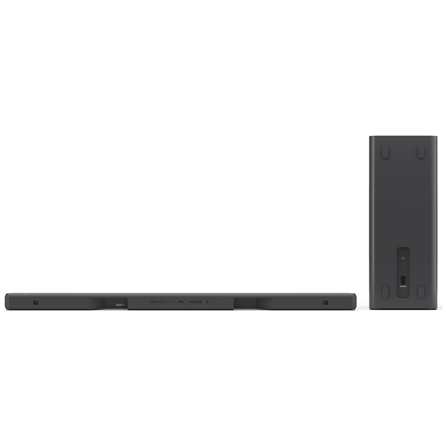 Een donkergrijze soundbar- en subwooferset tegen een witte achtergrond. De soundbar is horizontaal, de subwoofer verticaal.