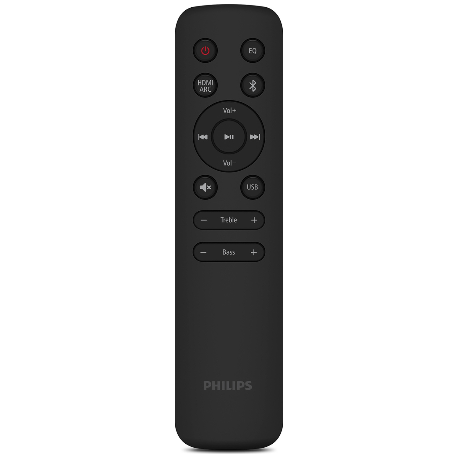 Een zwarte Philips afstandsbediening. Knoppen zijn onder meer aan/uit, HDMI ARC, volume, Bluetooth, EQ, bas, treble en USB.