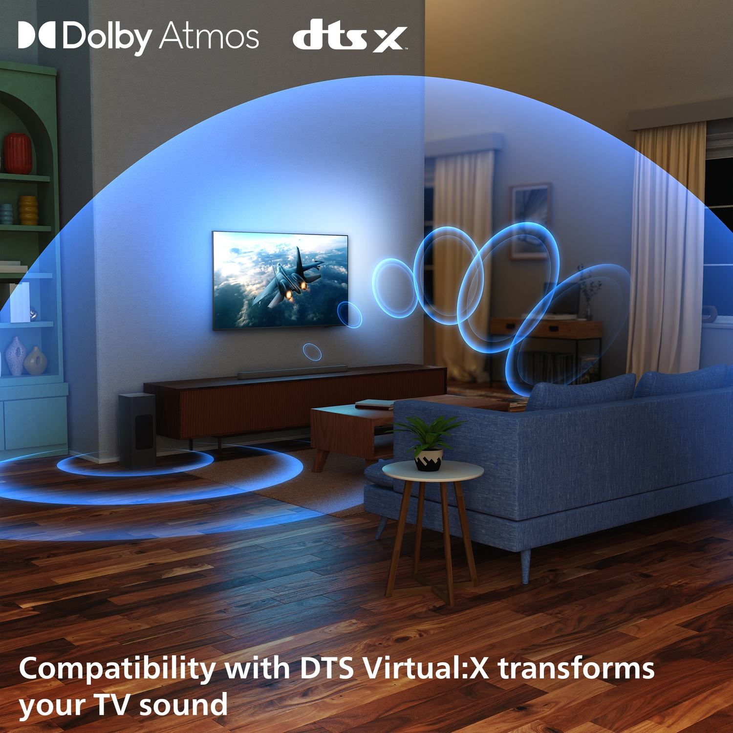 Woonkamer met tv, bank en geluidsgolven. Onderin staat: Compatibiliteit met DTS Virtual:X transformeert het geluid van je tv.