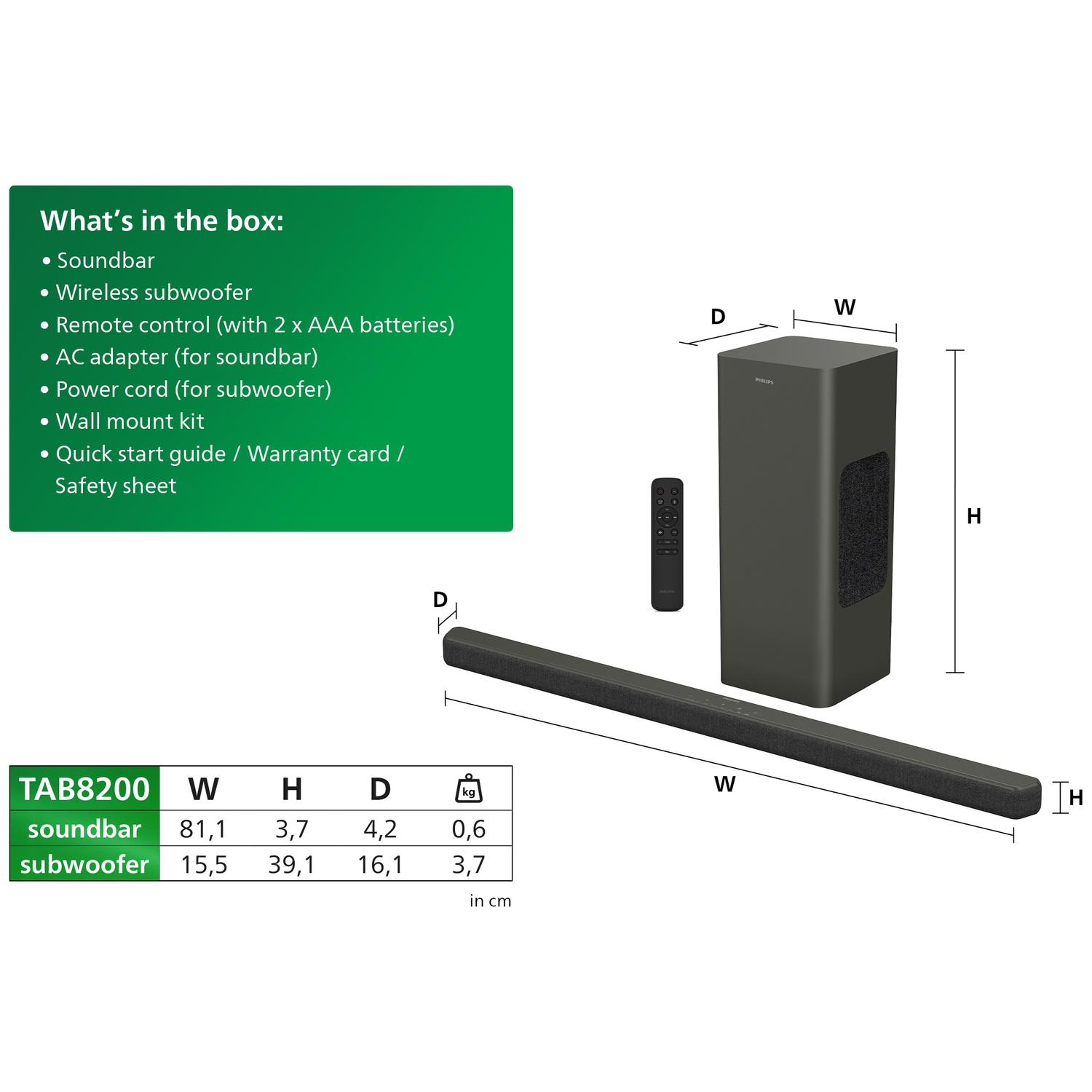 Een soundbar, draadloze subwoofer, afstandsbediening en accessoires worden weergegeven. Afmetingen worden weergegeven met een tabel met afmetingen in cm.