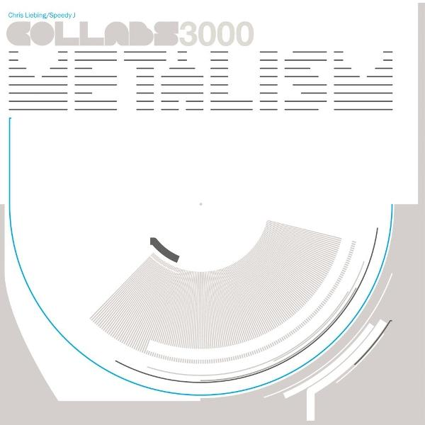Ein Design mit dem Text COLLAB3000 und METALLIUM. Ein halbkreisförmiges Design mit grauen Linien und einer türkisfarbenen gekrümmten Linie.