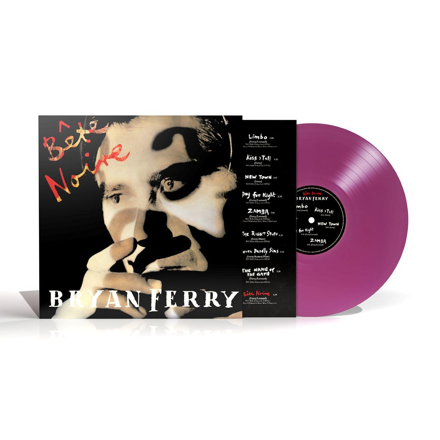 Albumcover für Bryan Ferrys 'Bête Noire' mit dem Gesicht eines Mannes und einer lila Vinylplatte.