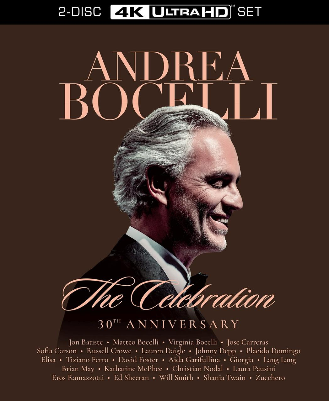 Albumcover von Andrea Bocelli, der lächelt. Titel: The Celebration, 30th Anniversary. Weitere Namen sind unten aufgeführt.