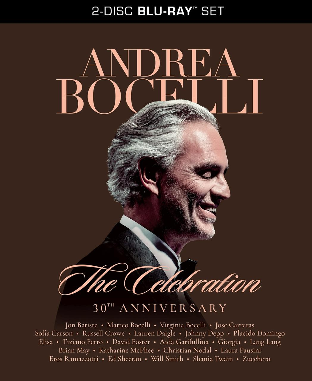 Blu-ray-Set-Cover mit Andrea Bocelli, Titel 'The Celebration' und Gastkünstlern. Brauner Hintergrund mit Text und einem Porträt.
